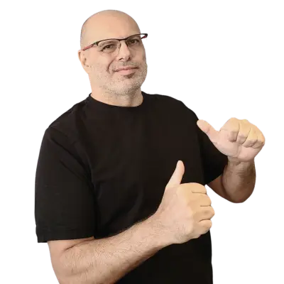 Chris with his thumbs pointing towards him